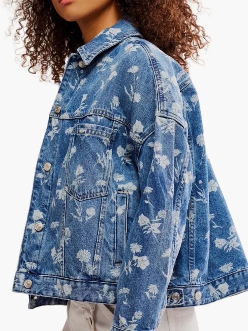 Free People Opal Floral Daisy Patterned  Swing Denim Jacket In Sky Blue - M - Picture 3 of 10